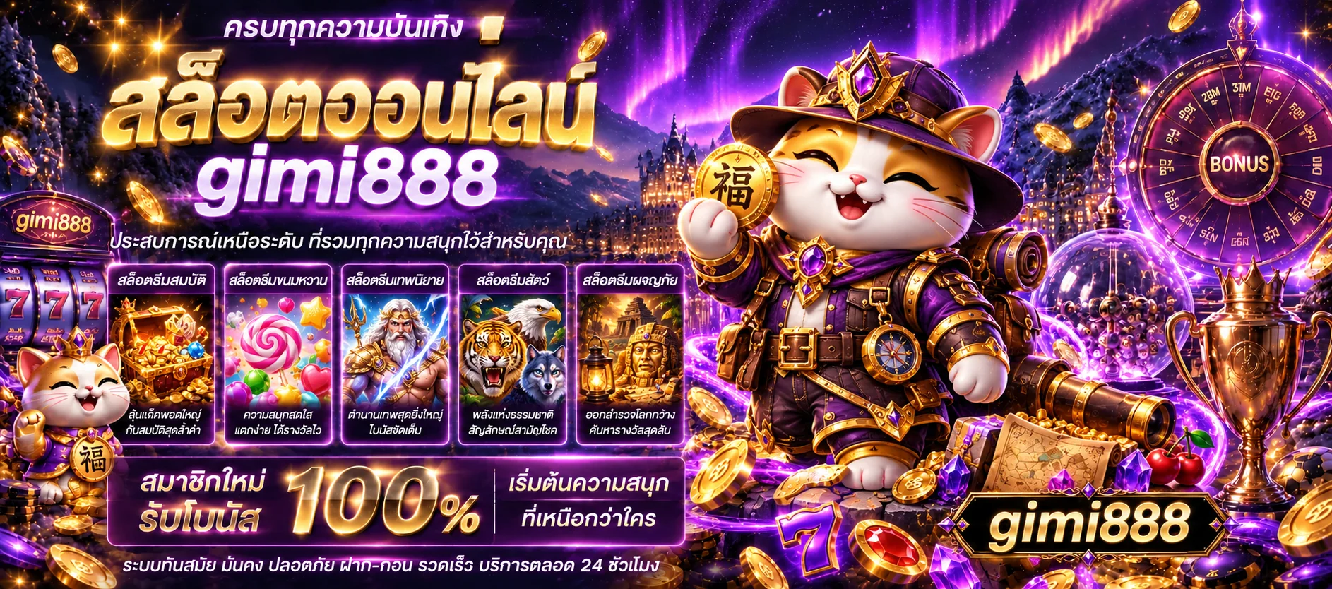 แบนเนอร์สล็อตออนไลน์ gimi888 พร้อมมาสคอตแมวนักผจญภัย